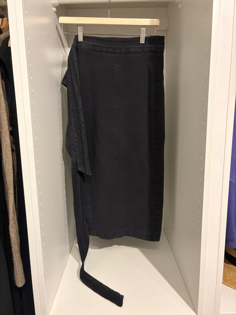 Women’s Black Linen Midi Wrap Skirt with Self-Tie Waist